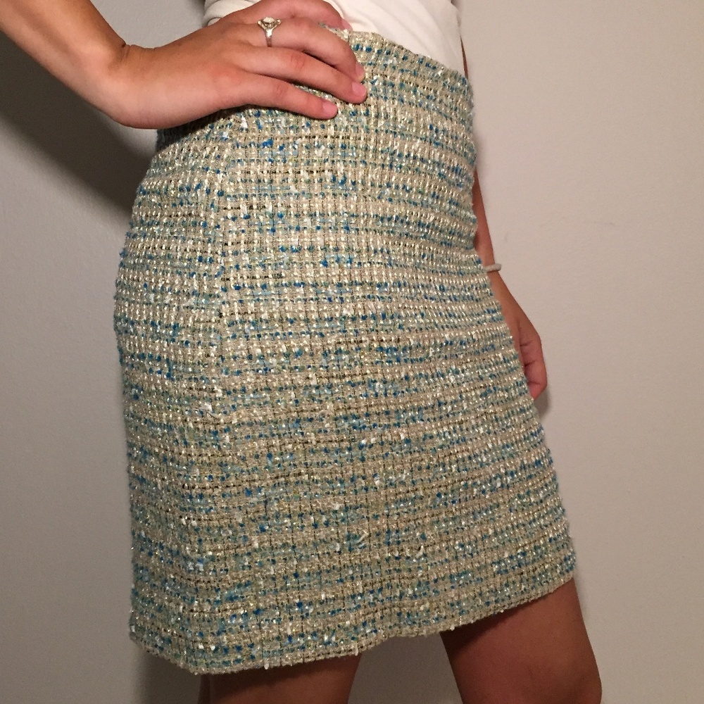 Ann Taylor Green & Gold Tweed Mini Skirt